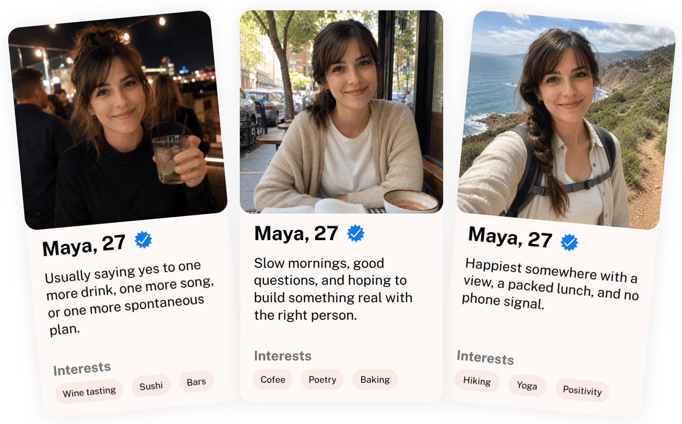 Three versions of the same dating profile, each creating a different first impression
